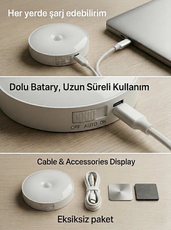 Hareket Sensörlü Yuvarlak LED Aydınlatma & USB Şarjlı Pratik Gece Lambası (8 cm)