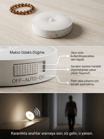Hareket Sensörlü Yuvarlak LED Aydınlatma & USB Şarjlı Pratik Gece Lambası (8 cm)