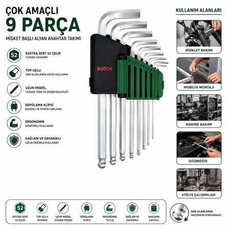 9 Parça Uzun Düz Krom Alyan Anahtar Takımı