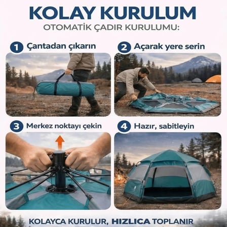 4 Kişilik Otomatik Kamp Çadırı – Altıgen Tasarım, Çift Kapılı, Suya Dayanıklı, Hızlı Kurulumlu Geniş Aile Outdoor Çadırı 240x240x160 cm