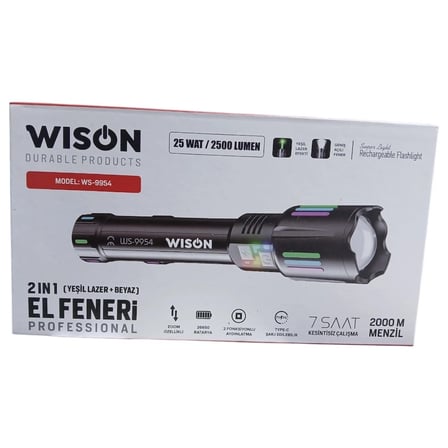Wison Ws-9954 25w Zoomlu Yeşil Lazerli Metal Şarjlı El Feneri