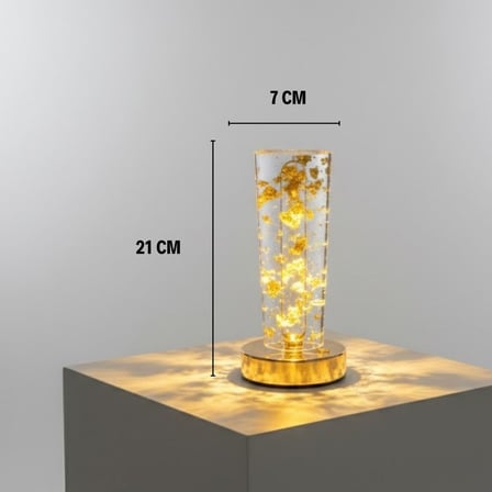 Silindirik Kristal Altın Toz Model LED Masa Lambası – Gold Tabanlı, Dokunmatik, 3 Renk Işık Modlu, Şarjlı Modern Dekoratif Gece Lambası
