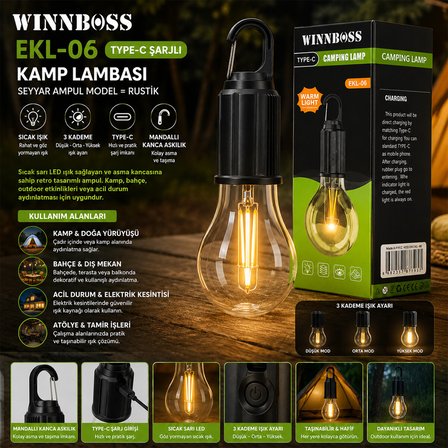 Usb Şarjlı Seyyar Ampul Model=rustik Kamp Lambası Mandallı Kanca Askılık 3-KADEME Işık EKL-06 G-912