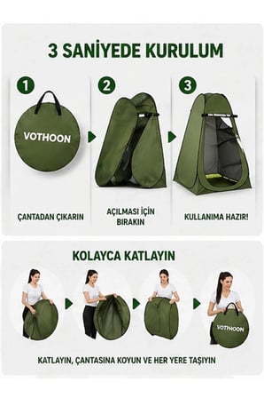 Otomatik Kabin Giyinme Çadırı 120x120x190 Cm Üst Havalandırma Yan Pencereli Duş & Wc Çadırı