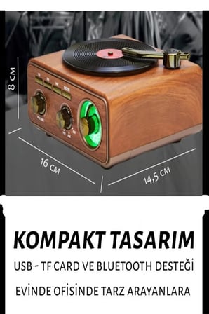 Nostaljik Tasarım Plak Çalar Görünümlü Radyolu Bluetooth Hoparlör Retro Müzik Plak Açık Kahverengi