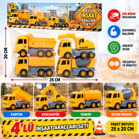 D026W 4 LÜ ÇEK BIRAK KAMYONLAR OYUNCAK İNŞAAT ARAÇLARI (adet fiyatıdır)