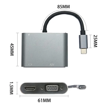’ü  Arada Type-C to Hub Dönüştürücü Adaptör – K Ultra HD HDMI &amp; VGA Görüntü Aktarımı, PD Hızlı Şarj Destekli, USB Çoklayıcı ()