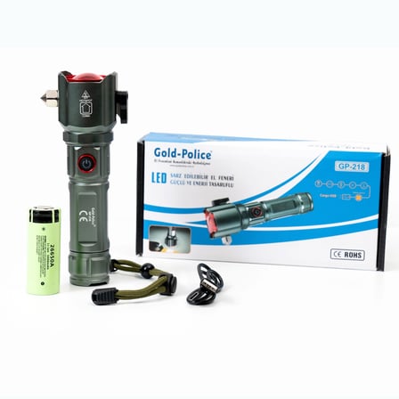 Gold Gp-218 İle Sınırları Aşın Yeni Nesil Tg Led Teknolojisiyle Ultra Uzun Menzilli Aydınlatma Ve Acil Durumlar İçin Dahili Cam Kırıcı Bir Arada. Şarj Edilebilir, Darbeye Dayanıklı Ve Profesyo