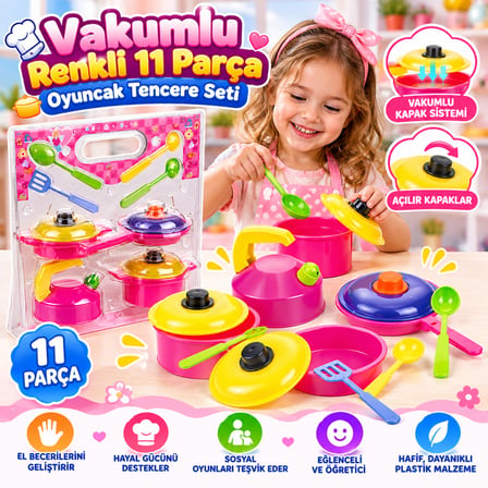 Vakumlu Renkli 11 Parça Oyuncak Tencere Seti