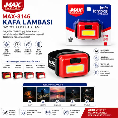 Pilli 3W Cob Led Kafa Lambası Fener 3-KADEME Işık Ayarı- Flaşör 4.5V 120LÜMEN