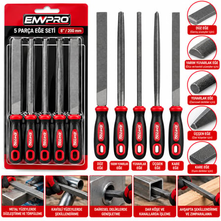 5PCS Çelik Eğe Seti Balık Sırtı - Üçgen - Kare - Yuvarlak - Düz Geniş EĞE=20CM+PLS.SAP=10CM= 30CM