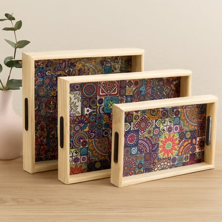 Ahşap Tepsi Seti 3 Boy (Desenli Zemin) - 16x26 / 21x31 / 24x34 cm, 12'li