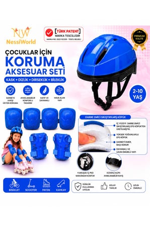 Bisiklet Kaykay Paten Çocuk Kaskı Ve Dizlik Set MAVİ/MAVİ