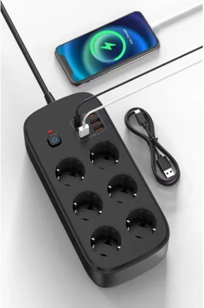 Termal Akım Korumalı ’lü Priz x Usb x Type-c Çıkışlı Grup Priz Çoğaltıcı (w) Siyah