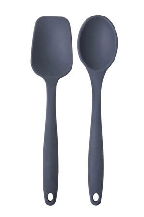 Büyük Boy Yanmaz Yapışmaz Antrasit Düz Spatula Ve Kaşık Seti 2'li