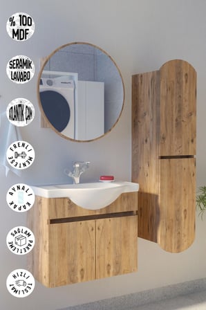 Erciyes 65 cm Mdf Banyo Dolabı Seramik Lavabolu Oval Aynalı Havlu Dolaplı Modern Banyo Dolabı
