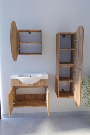 Erciyes 65 cm Mdf Banyo Dolabı Seramik Lavabolu Oval Aynalı Havlu Dolaplı Modern Banyo Dolabı