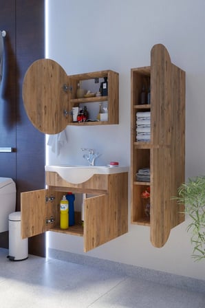 Erciyes 65 cm Mdf Banyo Dolabı Seramik Lavabolu Oval Aynalı Havlu Dolaplı Modern Banyo Dolabı