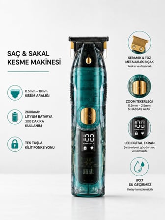 Saç ve Sakal Kesme Makinesi LED Ekranlı Profesyonel 5 Adet Uzunluk Ayarı