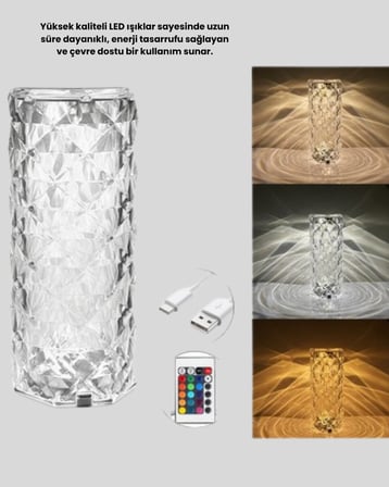 Kristal RGB LED Masa Lambası – Renkli Kumandalı Işık Dekoratif ve Enerji Tasar