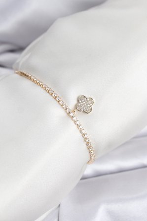 Yonca Model Zirkon Taşlı Gold Renk Asansörlü Su Yolu Bileklik 5886