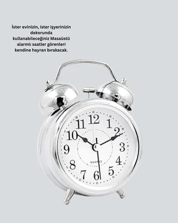 Yuvarlak Gümüş Dekoratif Işıklı Masa Üstü Saat Alarmlı Sessiz Çalışma