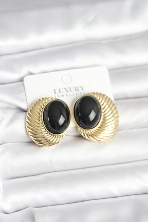 Pirinç Gold Renk Siyah Boncuklu Oval Vintage Kadın Küpe 5886