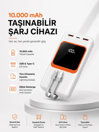 10.000 mAh Bataryalı Dijital Göstergeli Taşınabilir Powerbank