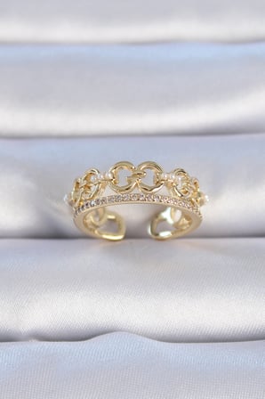 Pirinç Gold Renk Zirkon Taşlı İnci Detay Kadın Yüzük 5886