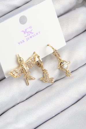 Pirinç Zirkon Taşlı 3'lü Kuş Model Gold Renk Kadın Küpe 5886