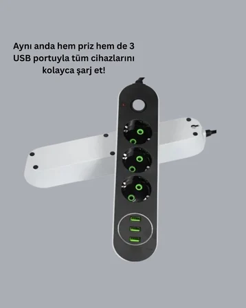 2 Metre Kablolu 3 USB Portlu Anahtarlı Üçlü Priz
