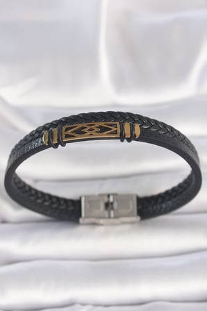 316L Çelik Gold Renk Aksesuarlı Çift Sıra Siyah Burgu Desenli Deri Kordon Erkek 