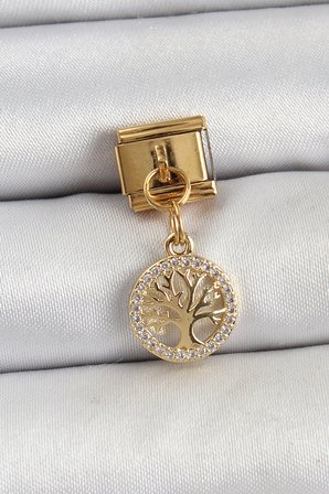 316L Çelik Sallantılı Zirkon Taşlı Hayat Ağacı Model Gold Renk Nomination Cha
