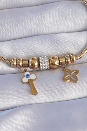 316L Çelik Gold Renk Zirkon Taşlı Yonca Detay Nazarlı Anahtar Tasarımlı Bilekl
