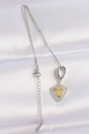 316L Çelik Zincir Gümüş Renk Zirkon Taşlı Tasarım Altın Renk Kalp Kolye 5886