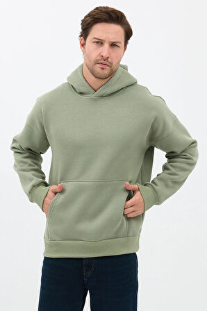 Erkek Oversize Pamuklu Kanguru Cepli 3 İplik Basic Kapüşonlu Sweatshirt