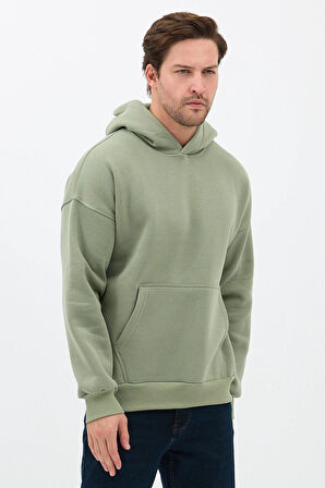 Erkek Oversize Pamuklu Kanguru Cepli 3 İplik Basic Kapüşonlu Sweatshirt