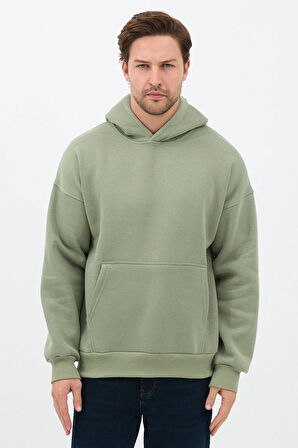 Erkek Oversize Pamuklu Kanguru Cepli 3 İplik Basic Kapüşonlu Sweatshirt