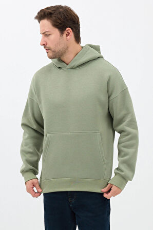 Erkek Oversize Pamuklu Kanguru Cepli 3 İplik Basic Kapüşonlu Sweatshirt
