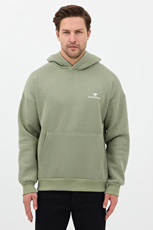 Erkek Oversize Pamuklu Kanguru Cepli Basic 3 İplik Nakışlı Kapüşonlu Sweatshirt