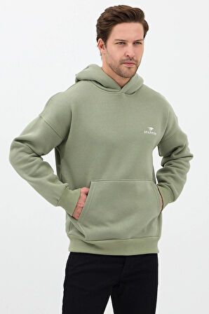 Erkek Oversize Pamuklu Kanguru Cepli Basic 3 İplik Nakışlı Kapüşonlu Sweatshirt
