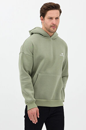 Erkek Oversize Pamuklu Kanguru Cepli Basic 3 İplik Nakışlı Kapüşonlu Sweatshirt