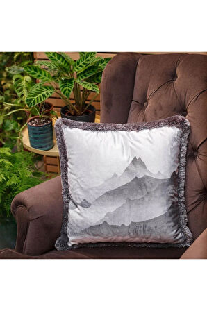 Dağ Manzaralı Kadife Yastık/Kırlent - Dolgu Boncuk Elyaf, Uluslararası Yıkama Ve Solmama Sertifikası