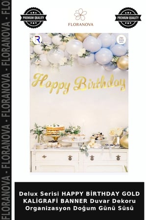 Delux Serisi HAPPY BİRTHDAY GOLD KALİGRAFİ BANNER Duvar Dekoru Organizasyon Doğum Günü Süsü
