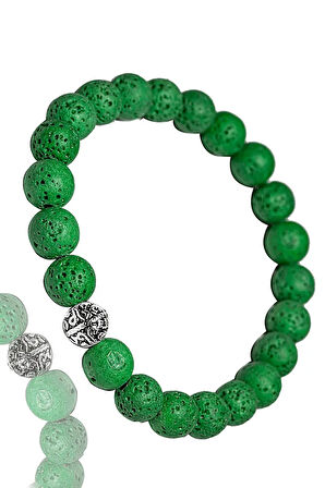 Sertifikalı Volkanik Yeşil Lav Taşı Bileklik - Gümüş Aparatlı