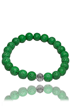 Sertifikalı Volkanik Yeşil Lav Taşı Bileklik - Gümüş Aparatlı