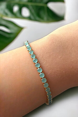 Opak Mavi Zirkon Taşlı Yuvarlak Model Su Yolu Gold Bileklik