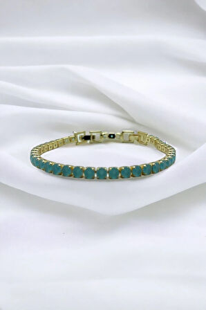 Opak Mavi Zirkon Taşlı Yuvarlak Model Su Yolu Gold Bileklik