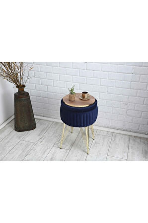 Bianco Metal Ayaklı Sehpalı Puf Altın Koyu Mavi (GOLD DARK BLUE)