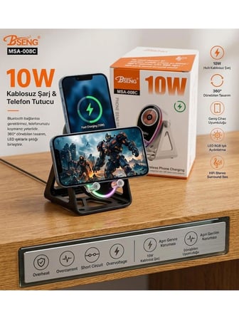 10W Kablosuz Şarj Telefon Tutucu HOPARLÖR, 360° Döner Rgb Led, Telefon Ses Yükseltici Hoparlör Standı BLUETOOTH HOPARLÖR